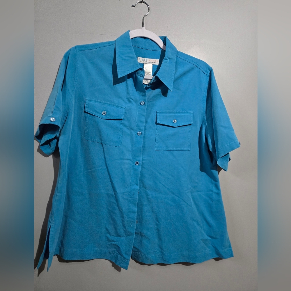 Vintage First Issue Blue Rayon Short Sleeve Button-Up Shirt, VGUC L